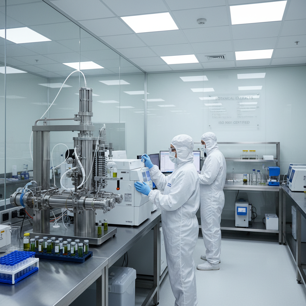 A sterile, high-tech laboratory environment with advanced chromatography equipment (e.g., HPLC system) and skilled technicians in cleanroom attire meticulously processing botanical samples. The image should convey precision, scientific rigor, and adherence to stringent quality control standards in botanical extract manufacturing.