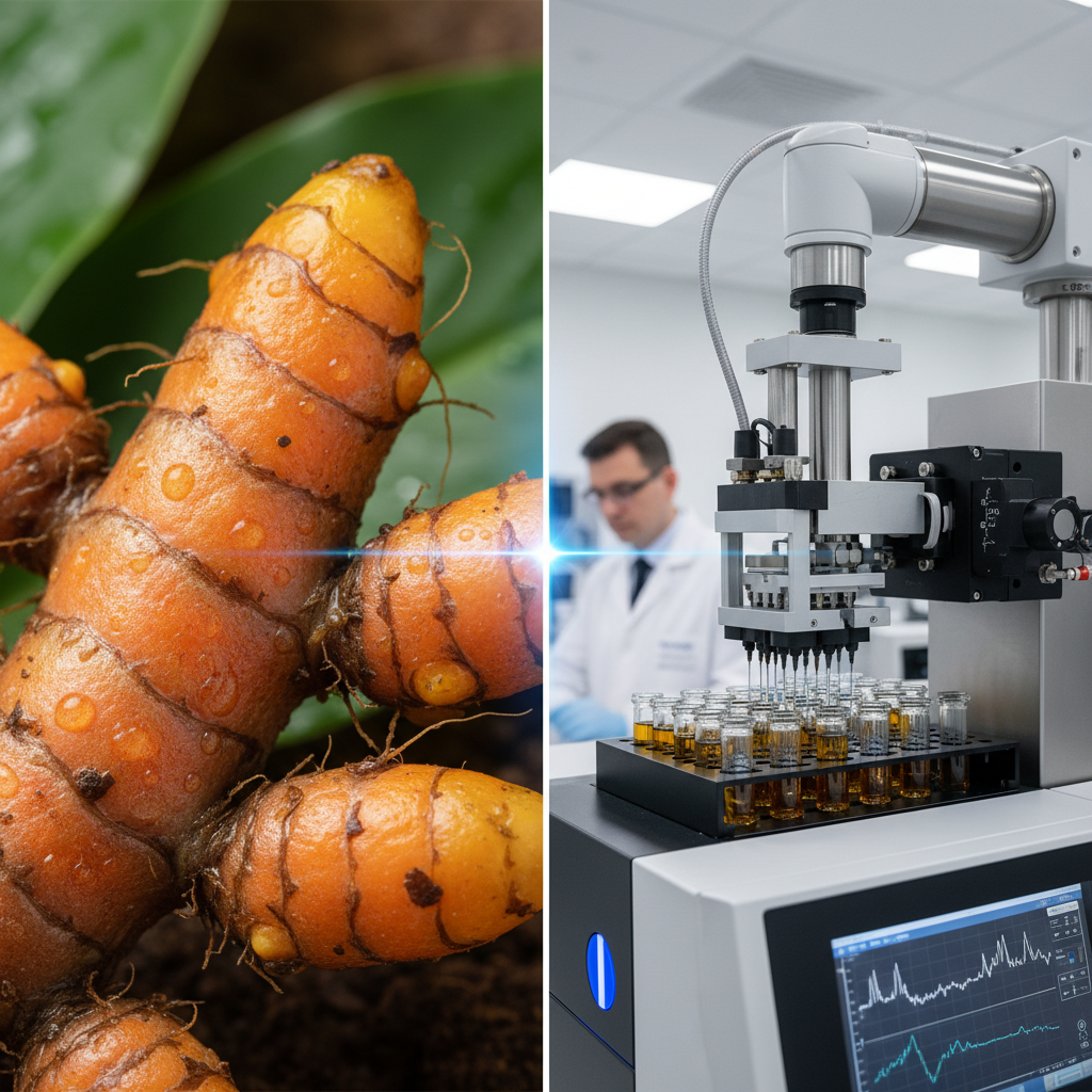 A split image or diptych. The left side shows a macro photograph of a vibrant, unprocessed botanical specimen (e.g., turmeric root or ginseng root). The right side shows a sophisticated, automated laboratory process, such as liquid chromatography or mass spectrometry analysis, visually connecting the natural source to the rigorous scientific validation and quality control.