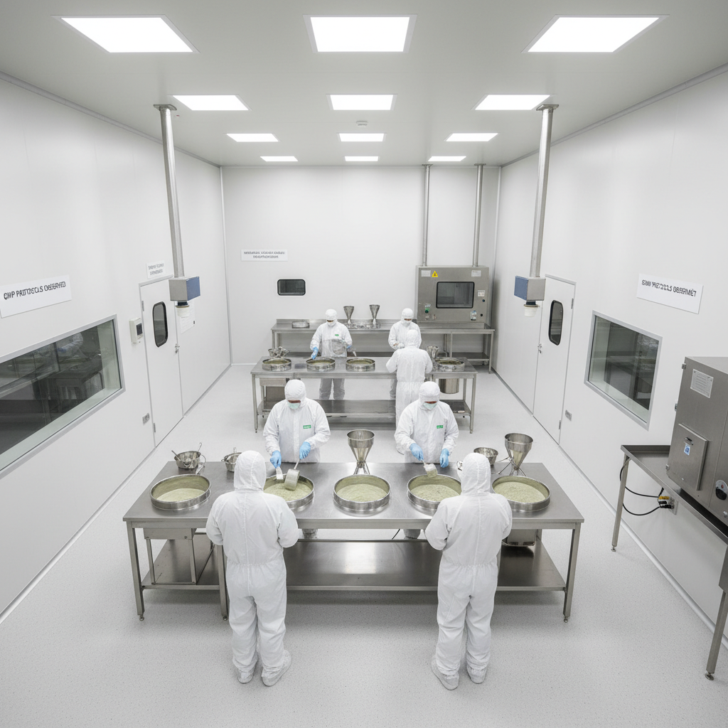 An overhead shot of a sterile manufacturing cleanroom. Workers in full protective suits are carefully handling purified botanical extract powder in stainless steel containers. The scene is illuminated with bright, even lighting, emphasizing cleanliness, order, and adherence to strict GMP protocols.