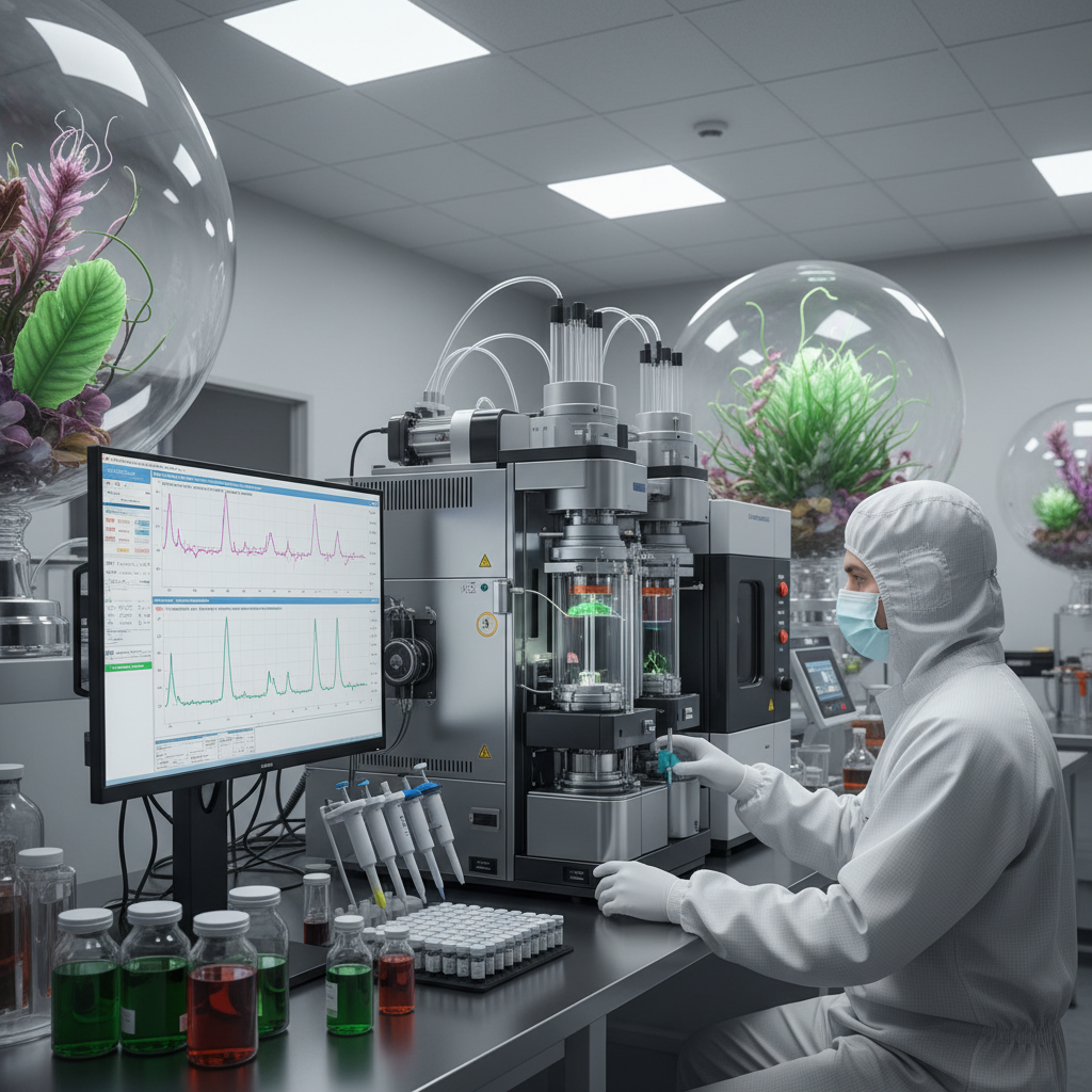 A clean, modern laboratory setting. A technician in sterile attire is carefully operating a High-Performance Liquid Chromatography (HPLC) machine, with chromatogram readouts visible on a monitor. The image conveys precision, advanced technology, and rigorous quality control.